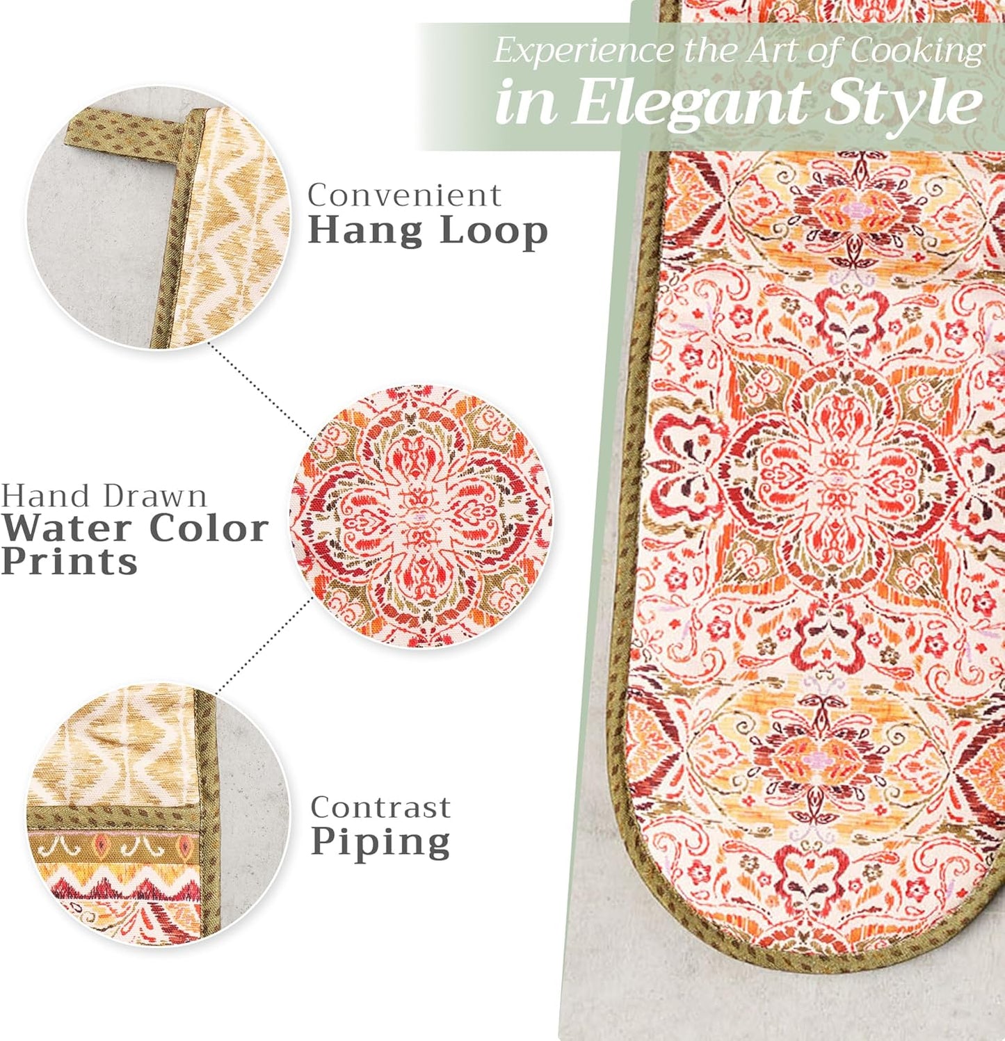 Maison d' Hermine Double Oven Mitts 100% Cotton 7"x35" Double Oven Mitt Heat Resistant BBQ Cooking Gloves with Loop, Baking, Grilling, Home, Kitchen, Handling Hot Pans (Damask)