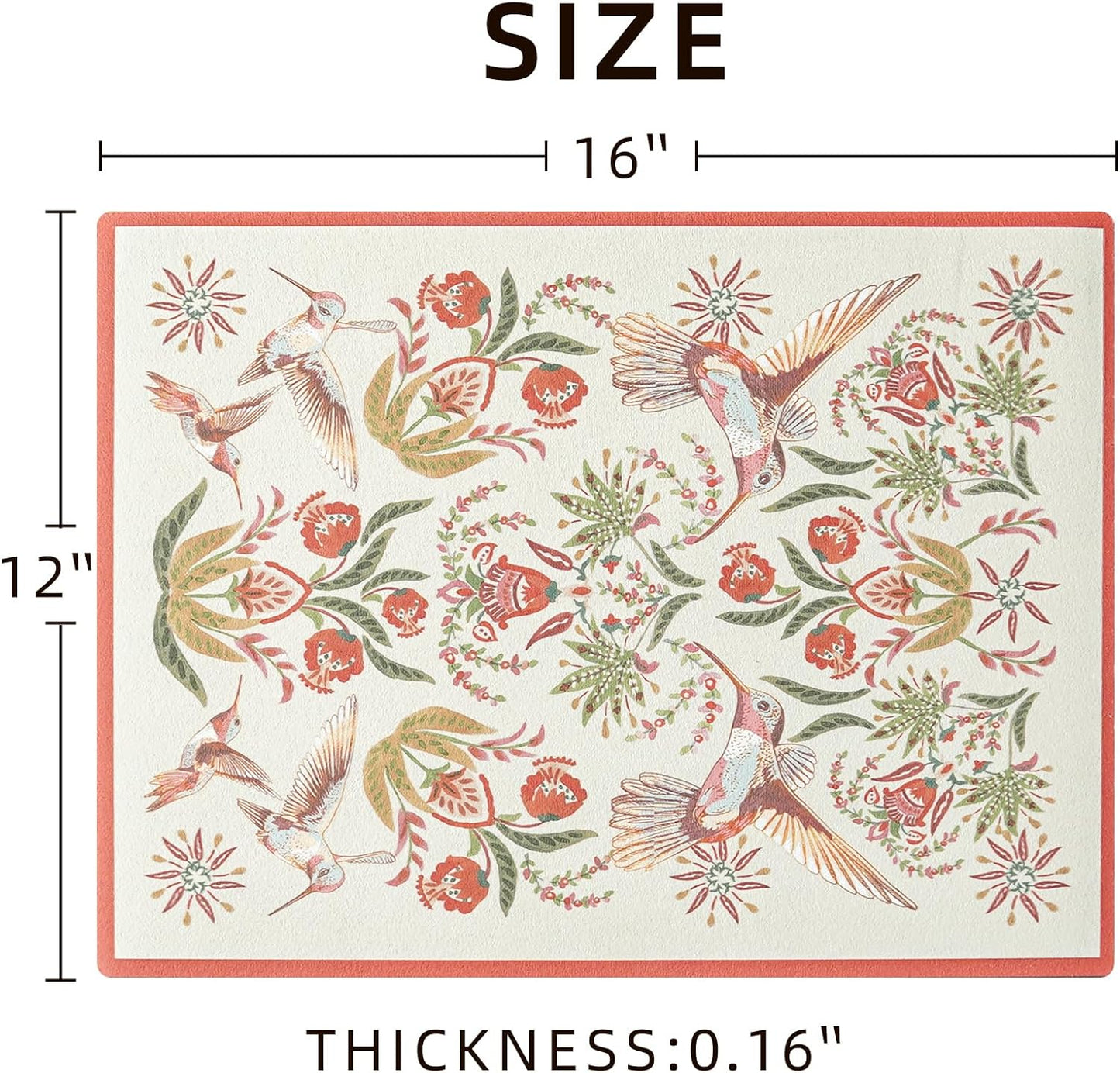 Dish Drying Mat, Absorbent Coffee Mat Rubber Backed, Soft Silicone Dish Drying Mat for Kitchen Counter or Sink for Kitchen Bathroom Coffee Bar (Birds and Flowers, 12 x 16 Inches)