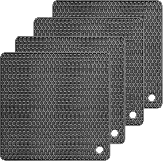 Silicone Trivets Mats, Silicone Hot Pads for Pot Holder, Square Trivets for Hot Dishes, Pots and Pans, Multipurpose Hot Pads for Kitchen Counter, Non Slip Heat Resistant Mats Set 4 Dark Grey