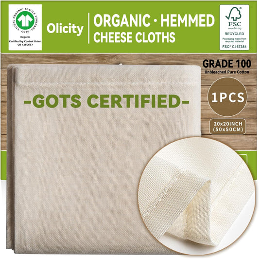 Organic Cheese Cloths, GOTS Certified, Grade 100,20x20Inch Hemmed Cheese Cloth Reusable Muslin Cheesecloth for Straining, 100% Cotton Unbleached Fine Mesh Cloth Cheese Cloths for Cooking,Sushi,Juicing