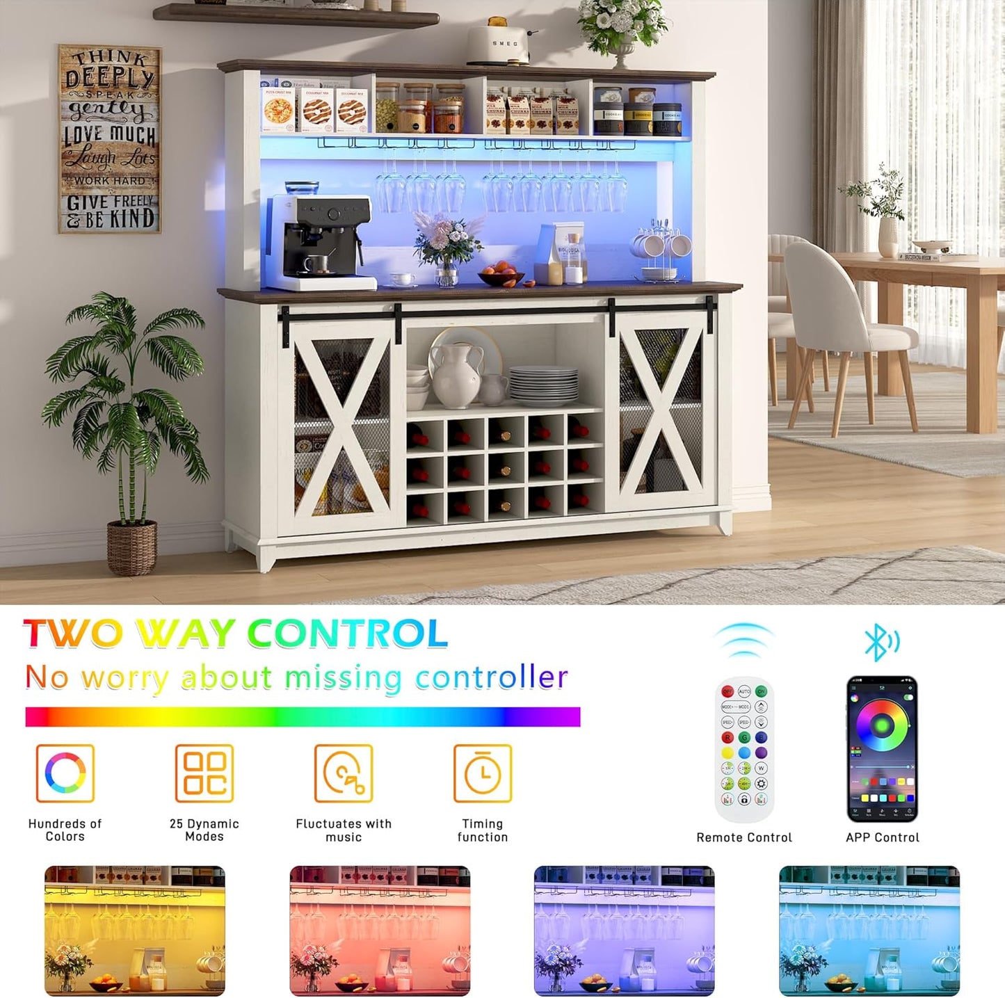 63"Wide 58"H Farmhouse Coffee Bar Cabinet with LED Light,Wine Bar Cabinet w/ 4 Storage Hutch,Kitchen Buffet Cabinet w/Sliding Barn Door & 15 Wine and Glass Racks for Kitchen Dining Room(Antique White)