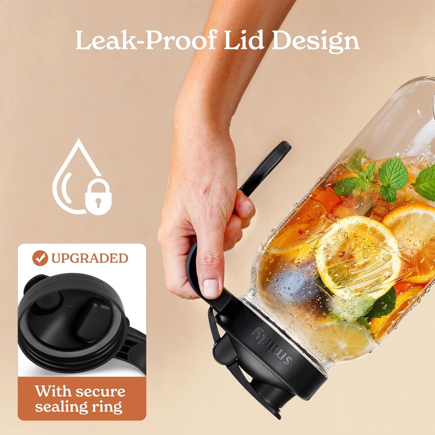 SMIRLY 64 oz Mason Jar Pitcher,Glass Pitcher with Wide Mouth,Water Jug with Double Leak Proof Lid for Iced Coffee,Hot Water,Breast Milk