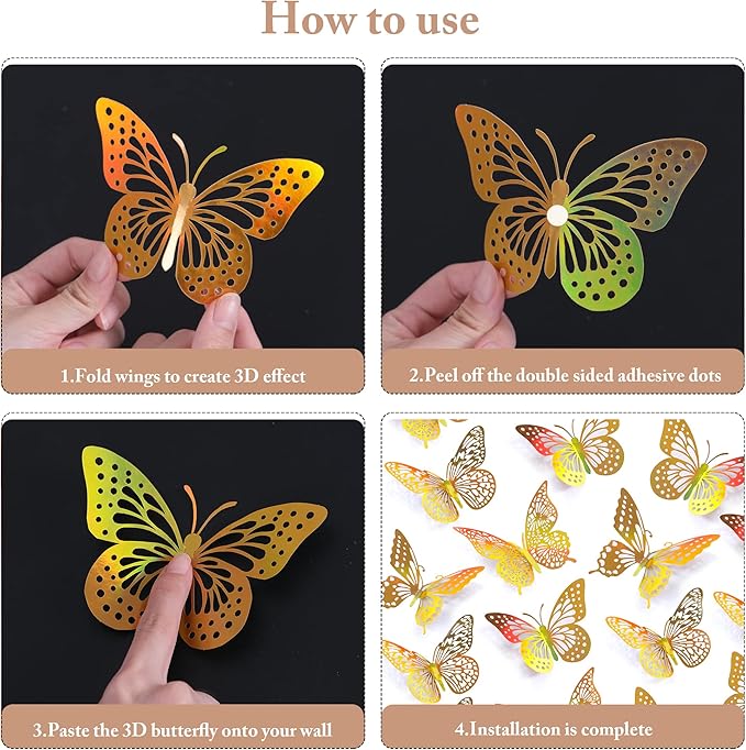 SAOROPEB 3D Butterfly Wall Decor - 48 Pcs, 4 Styles, 3 Sizes - Removable Gold Decorations for Birthday & Party Celebrations