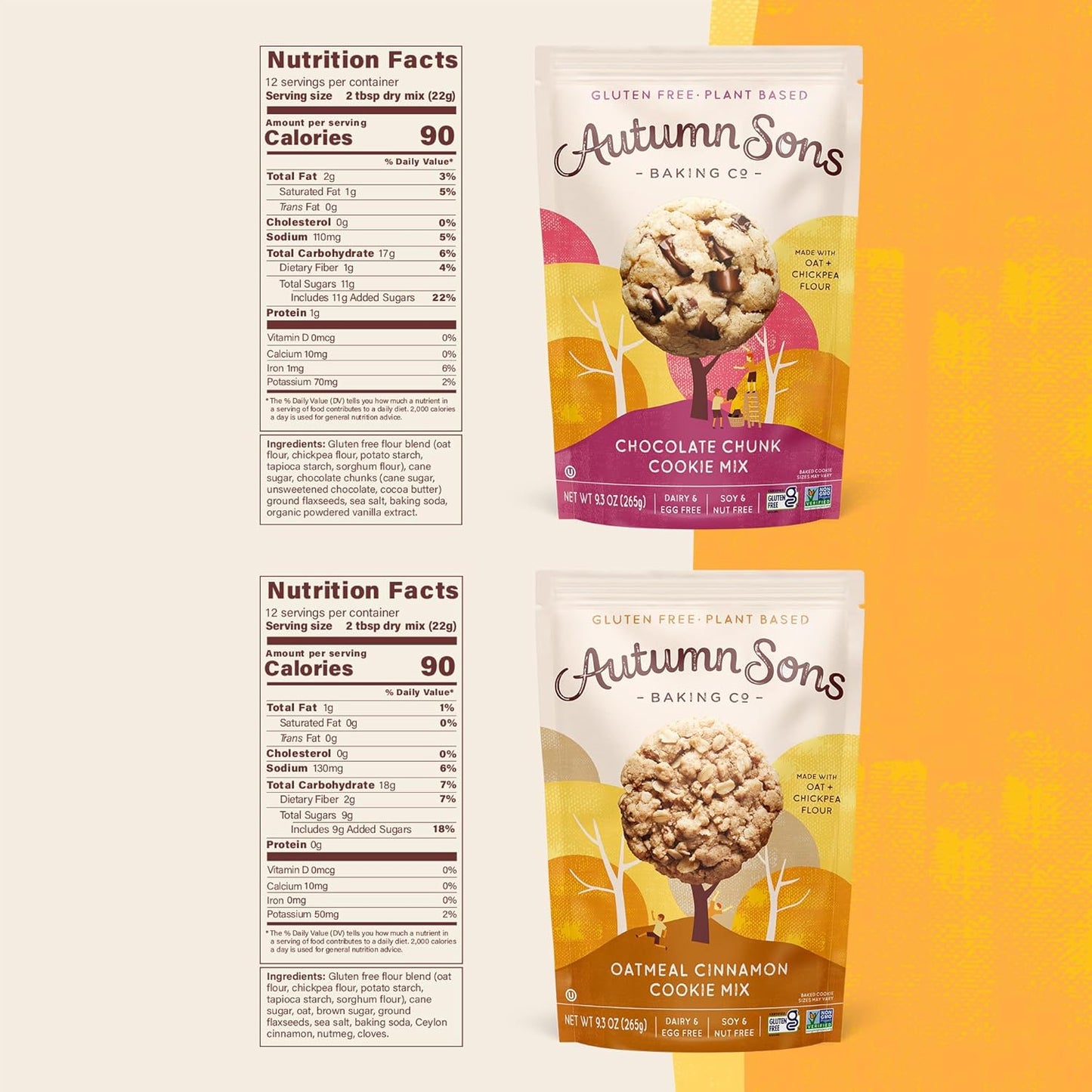 Autumn Sons Baking Co. Gluten Free Chocolate Chunk & Oatmeal Cinnamon Cookie Mix Combo Pack. Vegan Plant Based Baking Mix. Free From 11 Common Allergens. 9.3 oz (Pack of 2)