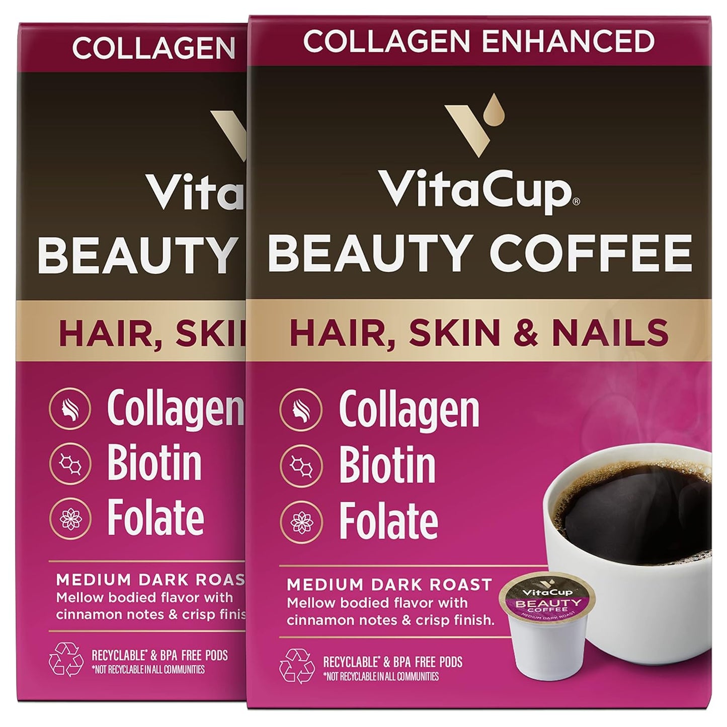VitaCup Beauty Collagen Coffee Pods for Hair, Skin & Nails, with Biotin & Folate, Medium Dark Roast, Keto Friendly, Recyclable Single Serve Pod Compatible with Keurig K-Cup Brewers,32 Ct
