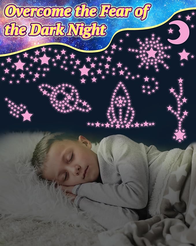 201 Pcs Glow in The Dark Stars Stickers for Ceiling, Pink Toddler Wall Room Decor Gifts, Luminous 3D Glowing Stars Stocking Stuffers for Kids Boys Girls