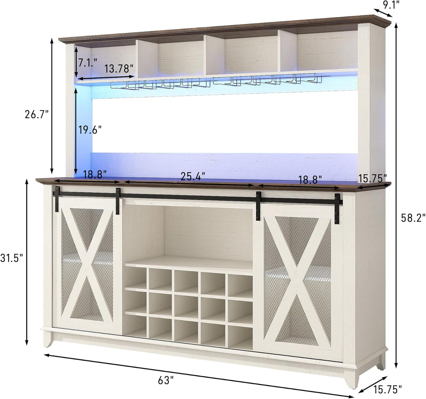 63"Wide 58"H Farmhouse Coffee Bar Cabinet with LED Light,Wine Bar Cabinet w/ 4 Storage Hutch,Kitchen Buffet Cabinet w/Sliding Barn Door & 15 Wine and Glass Racks for Kitchen Dining Room(Antique White)