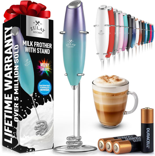 Zulay Kitchen Patented Tornado Triple Whisk Milk Frother with 4 Duracell Batteries – Handheld Foam Maker for Coffee, Lattes, Matcha & Hot Chocolate – Rich, Creamy Froth in Seconds