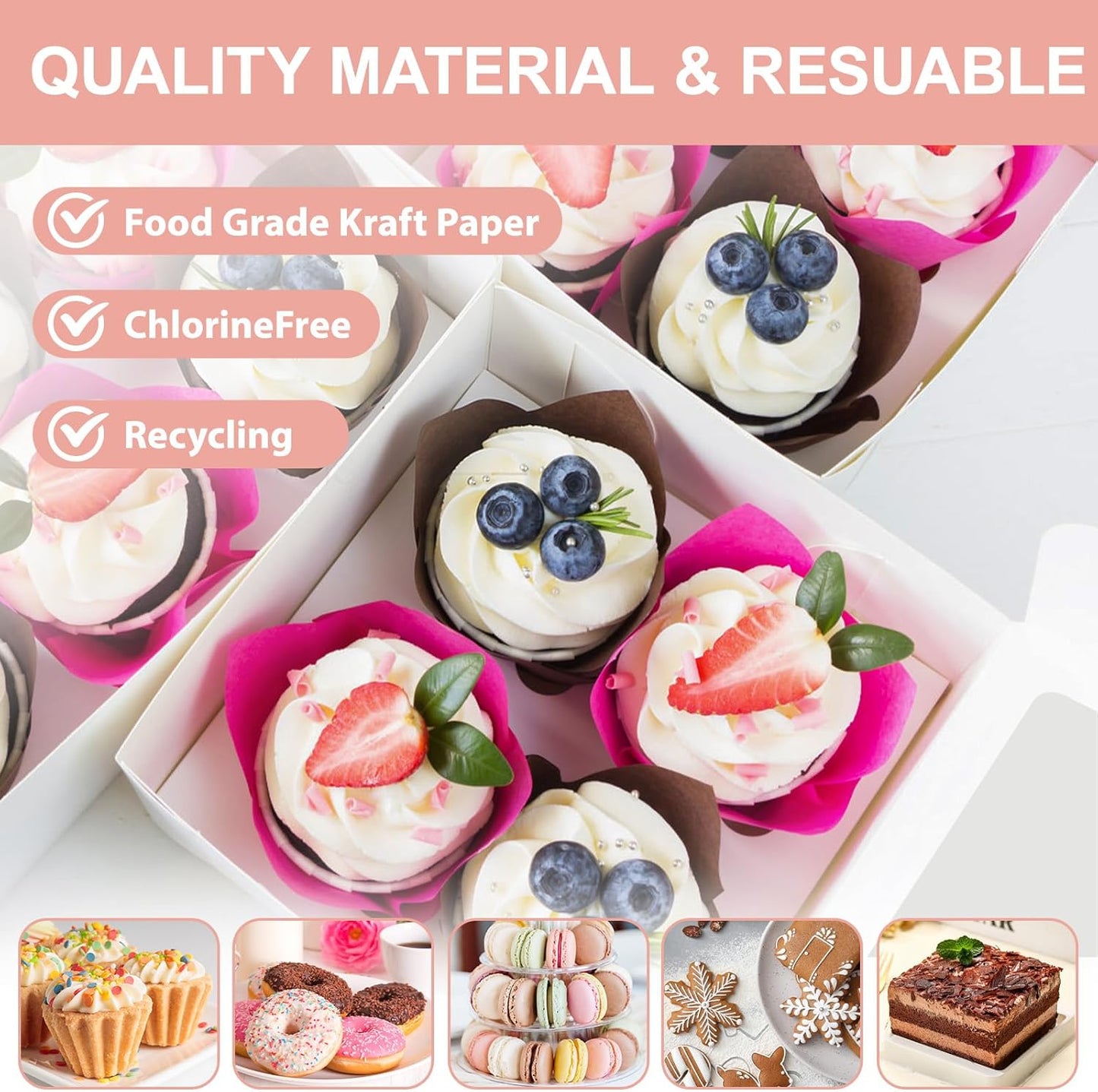 OAMCEG 50 PCS White Cupcake Boxes with Window and Insert, 6x6x3 Inch Kraft Treat Boxes with 4 Cavity for Cookies, Pastries, Desserts, with Stickers & Jute Twine