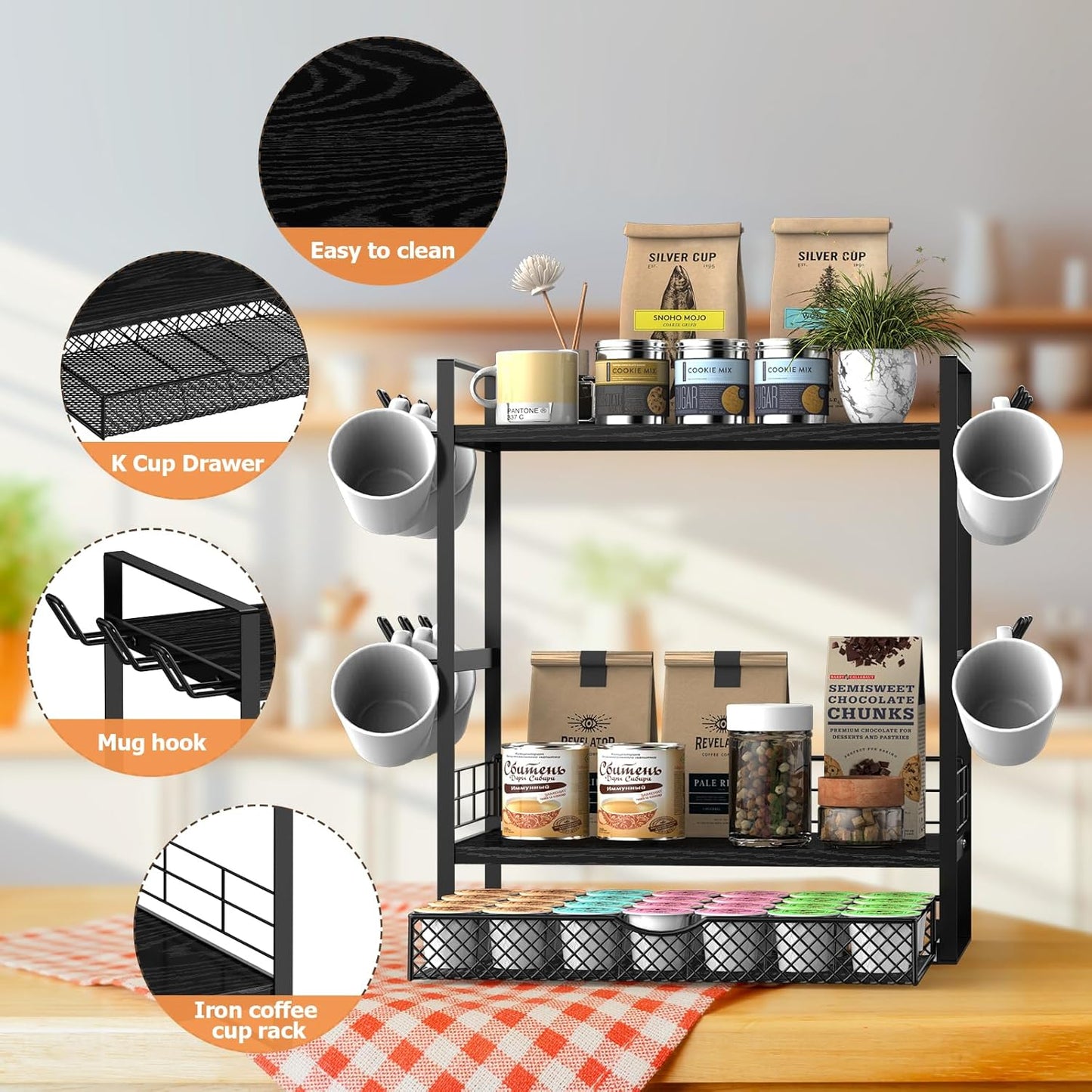 Coffee Bar Organizer, 3 Tier Station for Countertop, Mug Cup Holder Stand With 28 K Cup Storage and 12 Hooks for Kitchen, Home & Office, Black