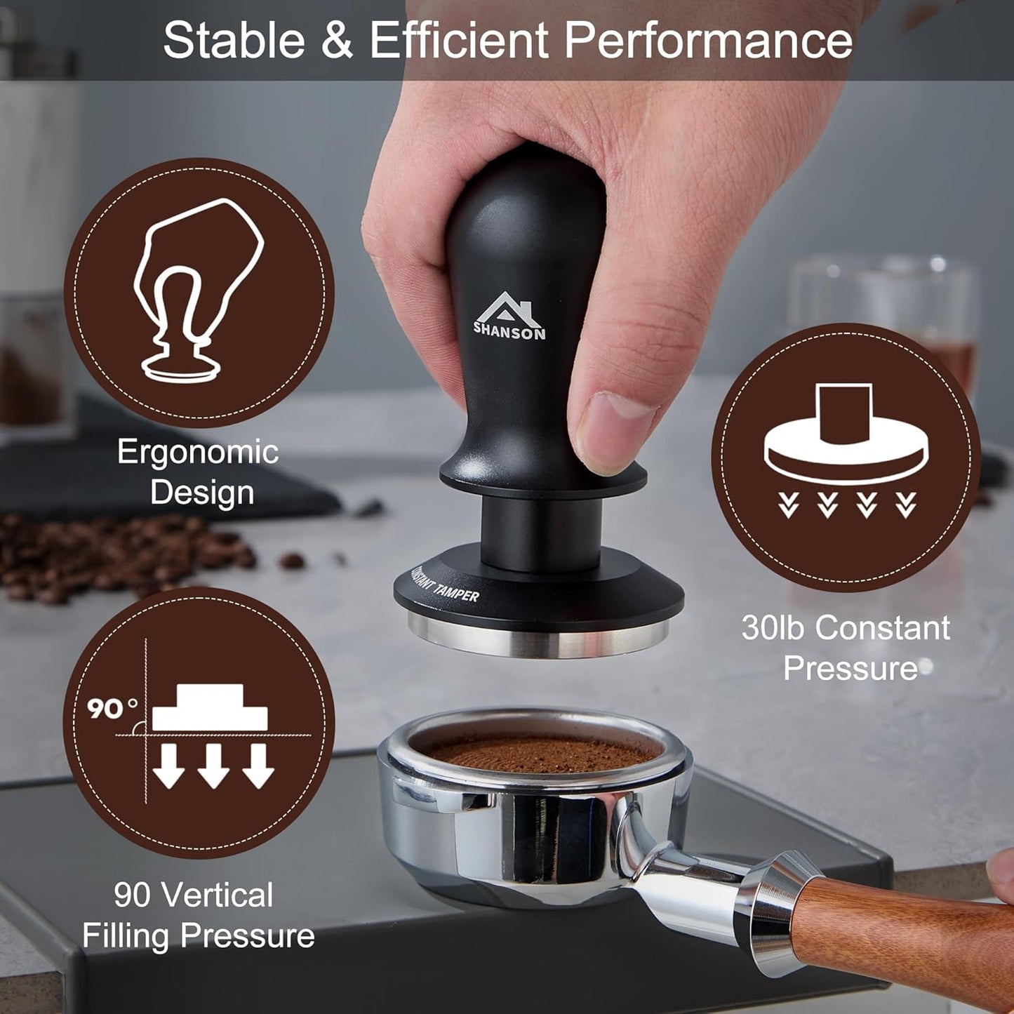 ShanSon 53mm Espresso Tamper,Coffee Accessories,Triple Spring 30lb Constant Pressure, Audible Click Sound Feedback, Stainless Steel Ripple Base,Anodized Aluminum Handle,Tamper Tool Espresso