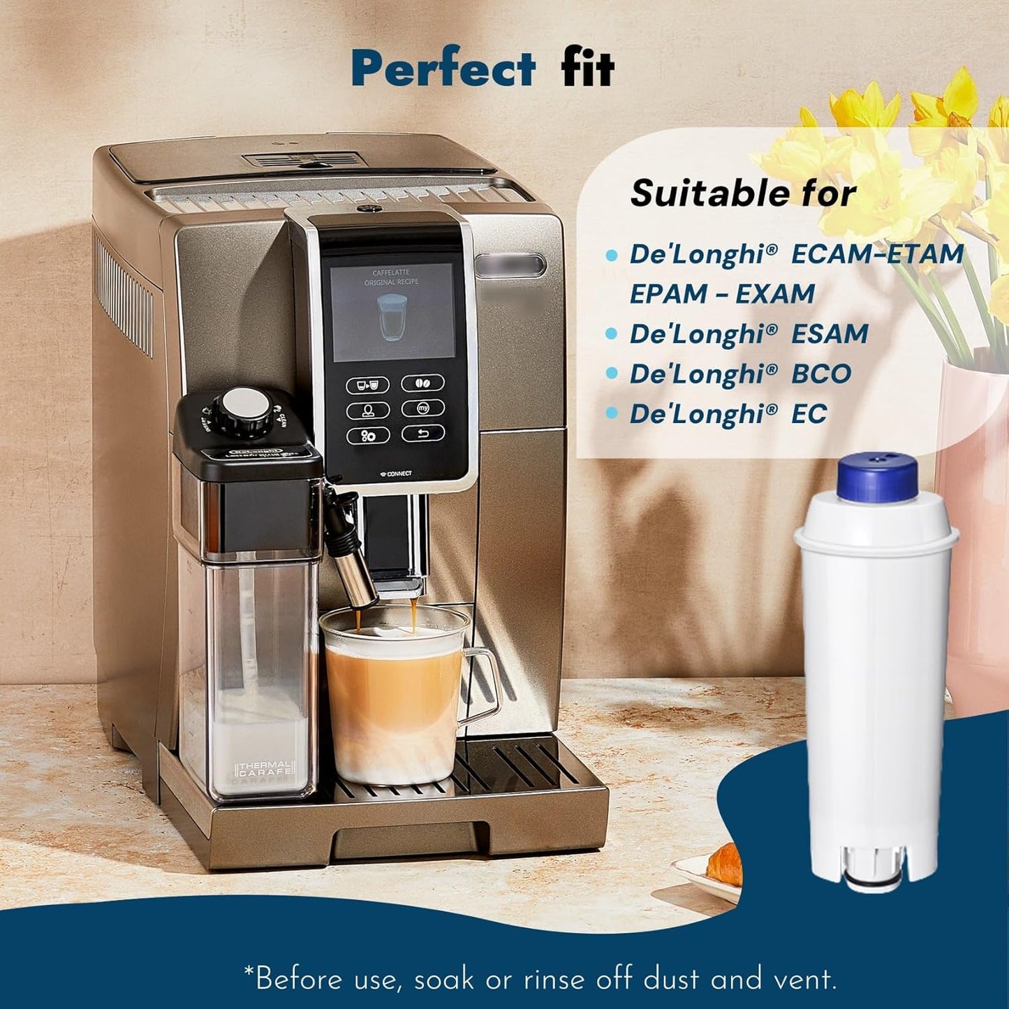 Coffee Machine Fitler, Delonghi Filter Replacement for DeLonghi DLSC002, Delonghi Magnifica Evo, Dinamica Plus, ESAM, ETAM, BCO, EC. Activated Carbon Water Filter Cartridges Softener (4 Pcs)