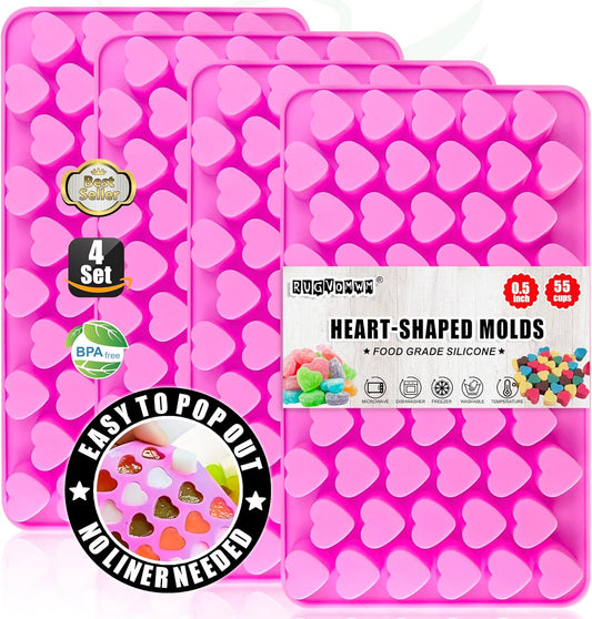 Silicone Mini Heart Molds，Ice Cube Heart Molds Gummy Heart Molds Mini Heart Shape Mold for Baking Silicone Molds for Candy Chocolate Soap Jelly Cake Heart Ice Tray - 4 Pack - Pink