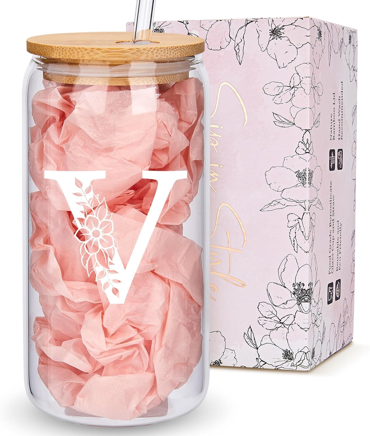 Personalized Gifts for Women, Monogrammed Glass Cups with Lids and Straws, Custom Tumbler, Cute Customized Mug, Aesthetic Stuff, Initial Iced Coffee Cup, Drinking Glasses, Birthday Teacher Gifts, V