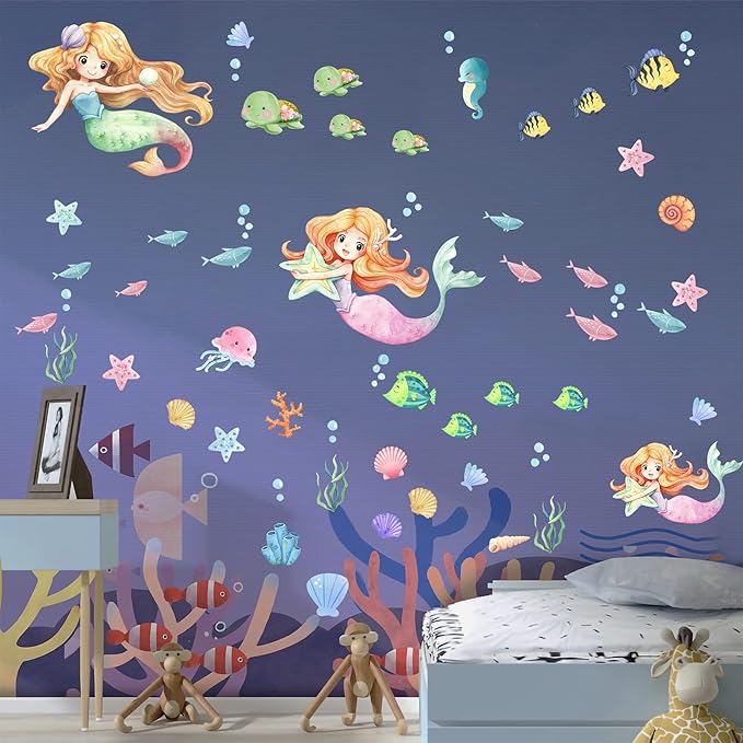 Glow in The Dark Stars Mermaid Wall Decals, Turtle Ocean Fish Stickers for Ceiling, DIY Wall Decor for Nursery Playroom Living Room, Birthday Christmas Gift