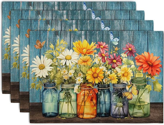 Rustic Daisy Placemats Set of 4 Vintage Flower Vases Wood Grain Linen Table Mats 12x18 Inch Summer Floral Wooden Board Farmhouse Washable Place Mat for Party Kitchen Dining Outdoor Indoor Decor