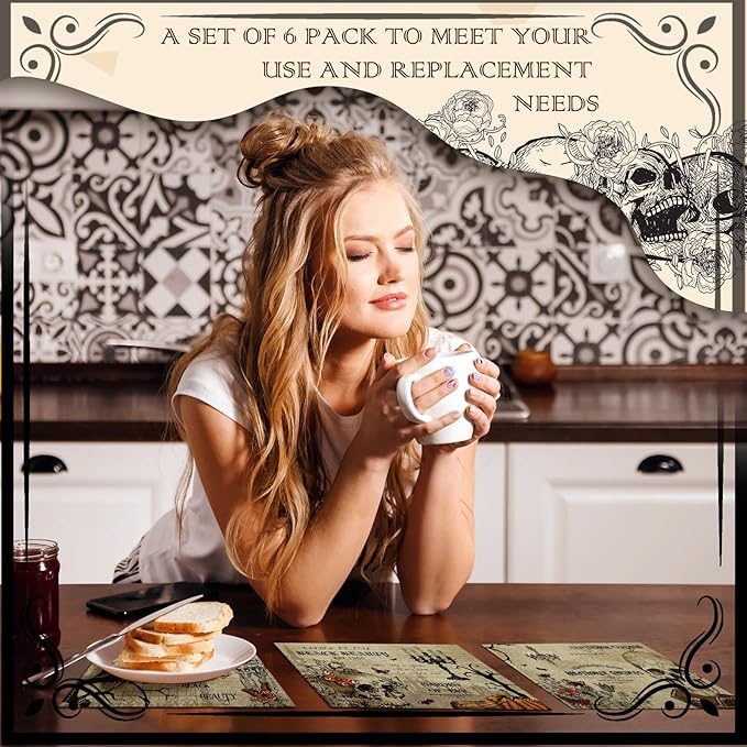 Umigy 6 Pcs Halloween Placemats 12"x18" Gothic Bat Placemats Kitchen Decoration Washable Witch Place Mats Rectangle Skull Table Mats for Halloween Dining Table Accessories(Poster Style)