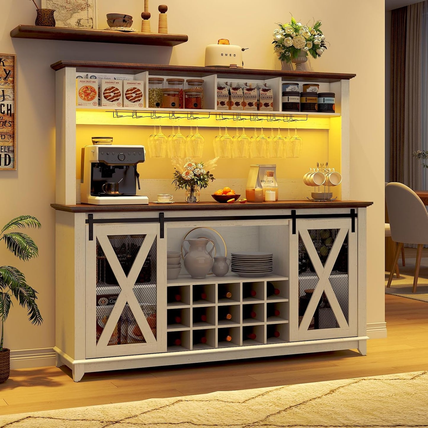 63"Wide 58"H Farmhouse Coffee Bar Cabinet with LED Light,Wine Bar Cabinet w/ 4 Storage Hutch,Kitchen Buffet Cabinet w/Sliding Barn Door & 15 Wine and Glass Racks for Kitchen Dining Room(Antique White)