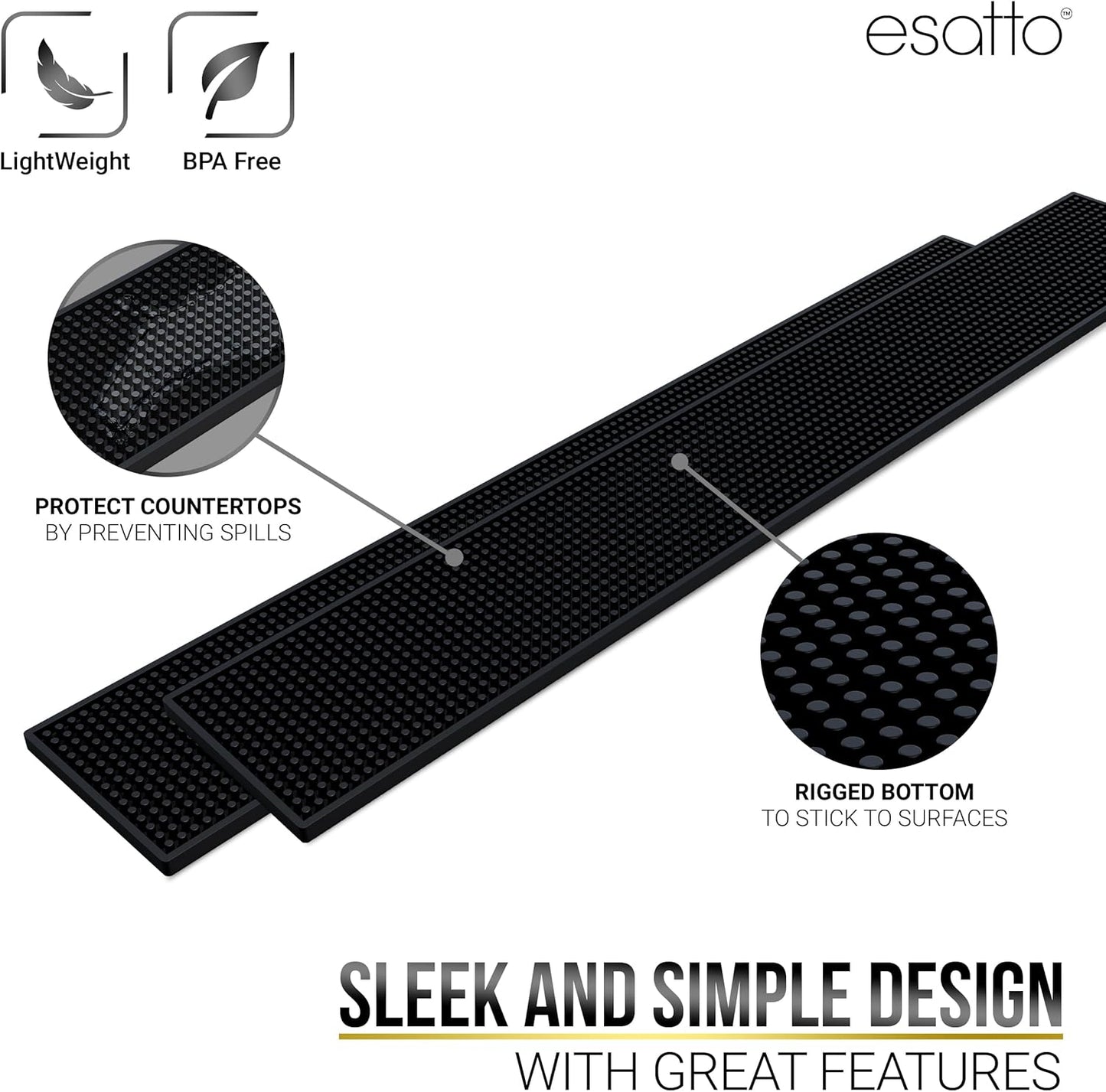 Esatto 27.5” x 3.87” XL Professional Service Spill Bar Supply Mat Anti-Skid Bartender Mat Non-Slip Black Bar Mat for Coffee Drinks Mixing Pad for Bars, Home, Kitchen, Pubs, Restaurants (2 Pack, Black)