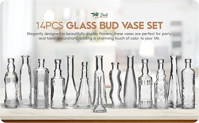 Small Vintage Glass Bottles with Corks, Mini Vases, Decorative Glass Bottle, Potion Bottles, Assorted Design - Set of 14 assorted design 5oz 6.5-7 inch tall 1.8-2.inch wide.