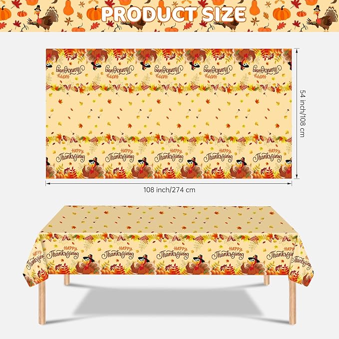 2 Pack Happy Thanksgiving Tablecloth - Fall Thanksgiving Turkey Table cloths, Disposable Plastic Rectangle Autumn Pumpkin Maple Leaf Table Cover for Thanks Giving Tables Decor Party Supplies,108x54In