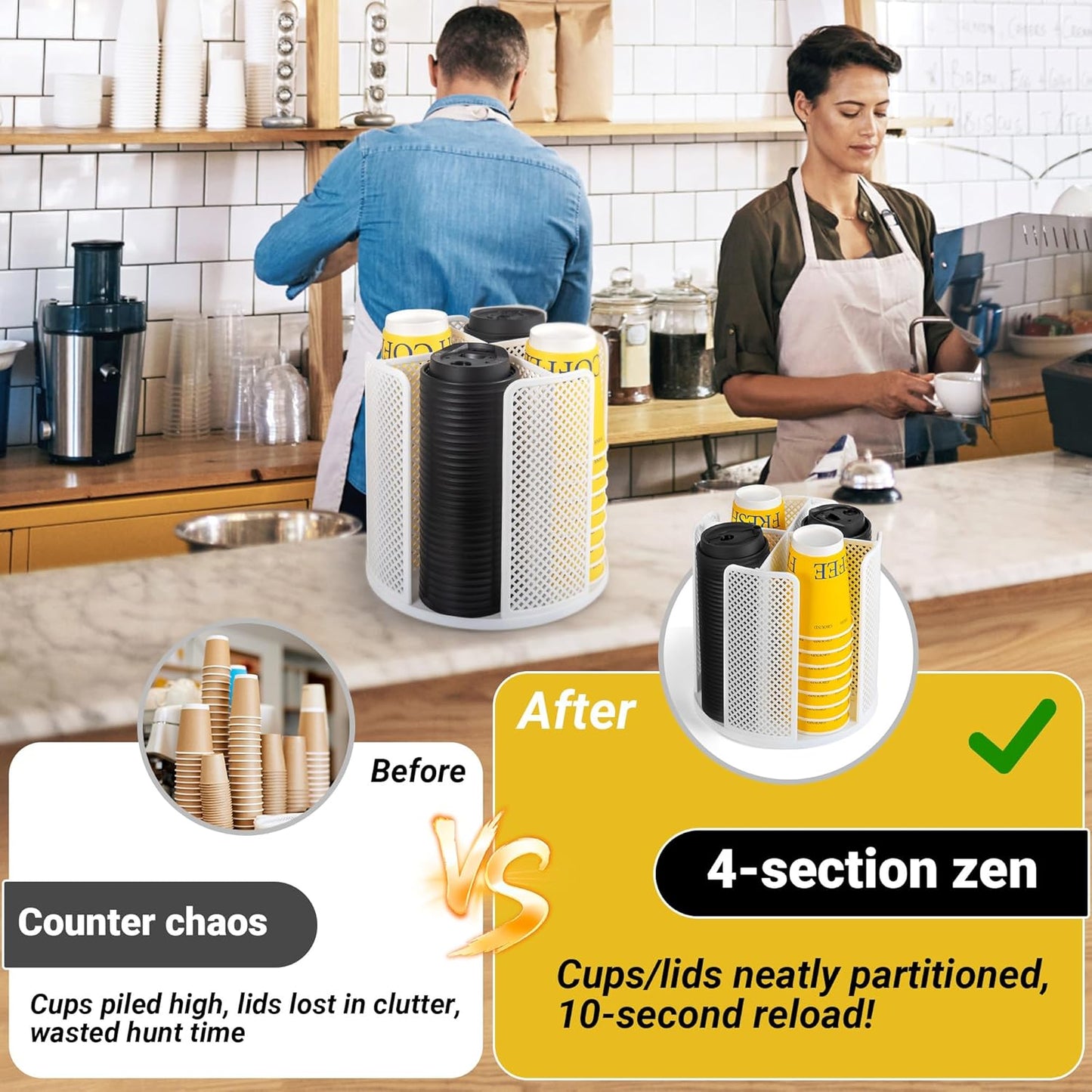 4-Compartment Rotating Paper Cup Holder & Coffee Cup Lid Storage Dispenser, Plastic Cup Dispenser Removable, Space-Saving Countertop Cup Holder for Coffee Bars, Kitchens (White)