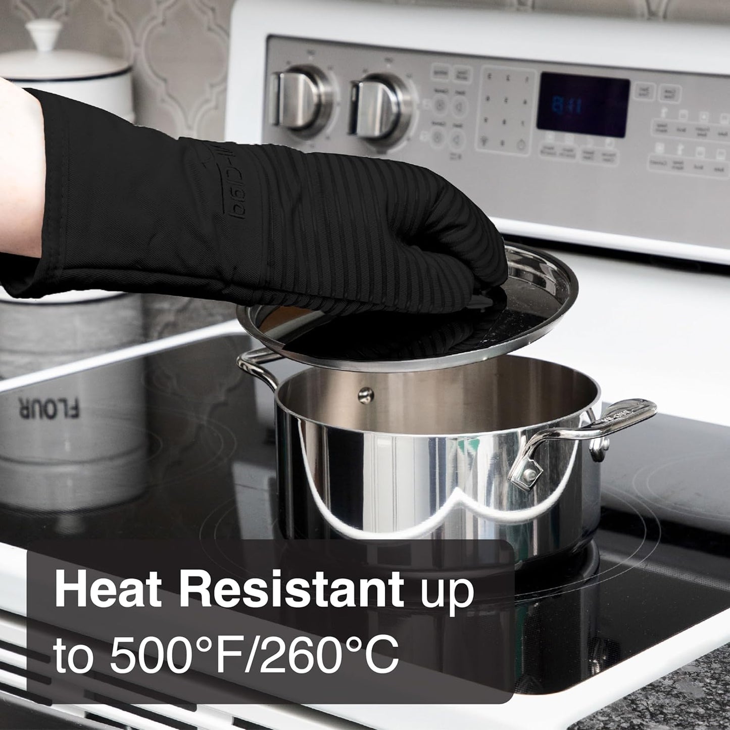 All-Clad Silicone Oven Mitts: Heat Resistant up to 500 Degrees - 100% Cotton & Silicone, 14"x7" Oven Mitt for Kitchen and Barbecue, 2-Pack, Black