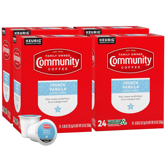 Community Coffee French Vanilla Flavored 96 Count Coffee Pods, Medium Roast, Compatible with Keurig 2.0 K-Cup Brewers, 24 Count (Pack of 4)
