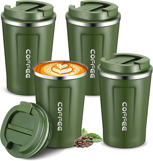 Sieral 4 Pcs 13 oz Travel Coffee Mug Insulated Reusable Coffee Cups with Leakproof Lid Stainless Steel Portable Tumbler for Keep Hot or Ice Milk Tea(Green)