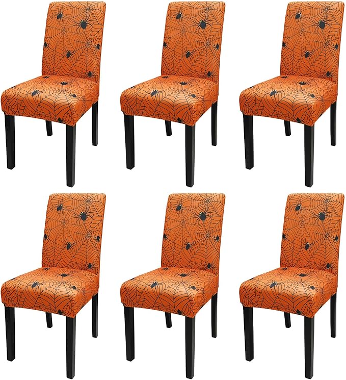 JQinHome Halloween Orange Dining Chair Slipcover, Spider Web Chair Covers Set of 6 ，High Stretch Washable Chair Protector Cover for Dining Room, Kitchen,Home Party,Wedding Ceremony(Orange, 6PC)