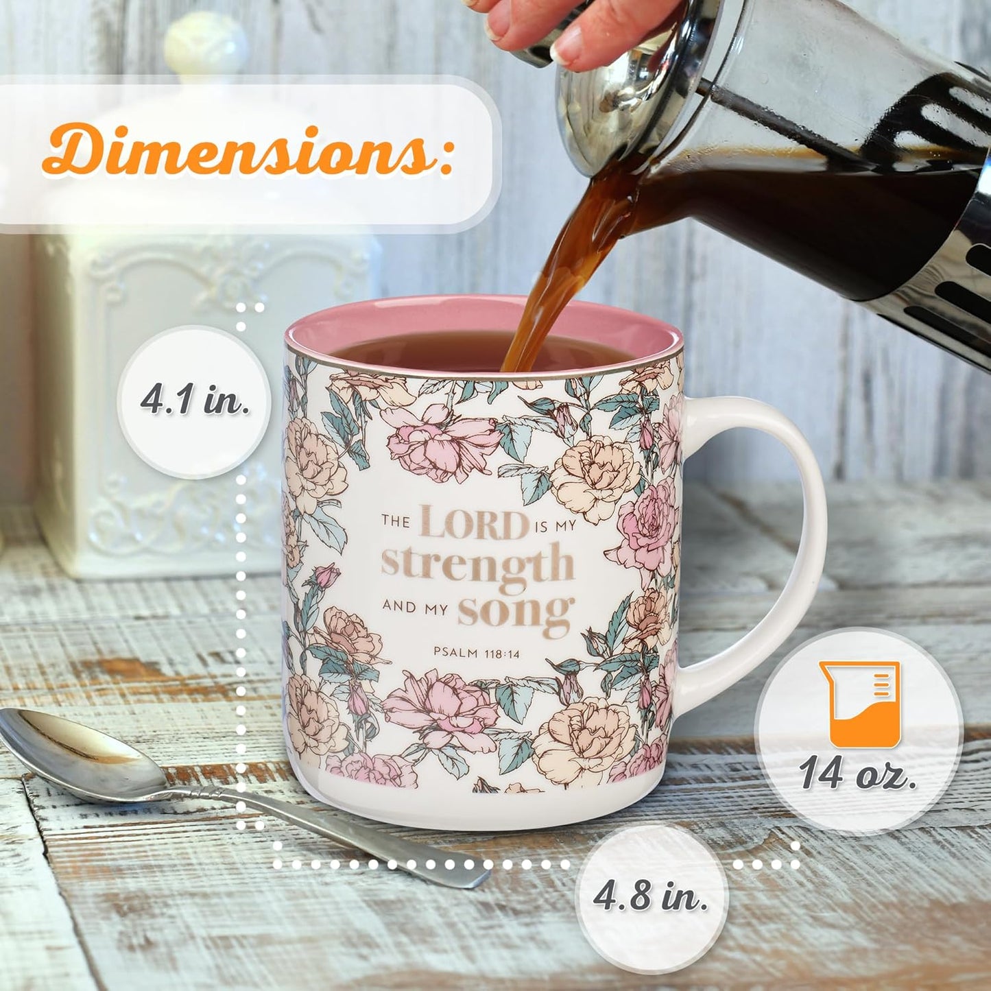 Christian Art Gifts Pink Floral Ceramic Coffee Mug – 14 oz. Lead and Cadmium-free Non-toxic Inspirational Scripture Coffee and Tea Mug for Women with Bible Verse: My Strength and My Song –Psalm 118:14