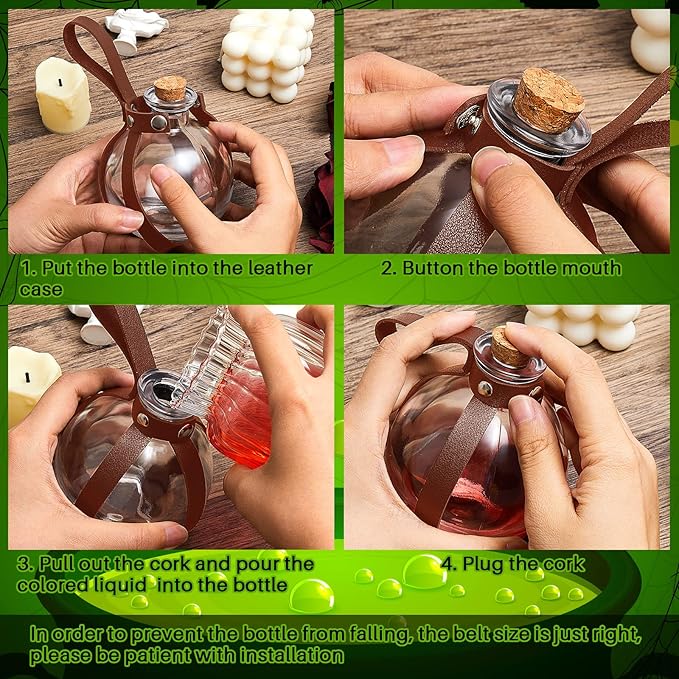 Patelai 2 Pcs Halloween Glass Potion Bottles with Belt Cork Renaissance Witch Costume Accessories Witch Props Potion Bottle for Halloween Party Decor Cosplay DIY Crafts Gift (Brown)