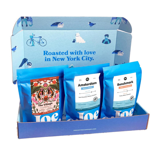 Joe Coffee Company - 6 oz Coffee Gift Box, Includes Village Light Roast, Amsterdam Medium Roast, Benchmark Med/Dark Roast WholeBean | Rainforest Alliance Certified, Kosher, Climate-Friendly, Specialty