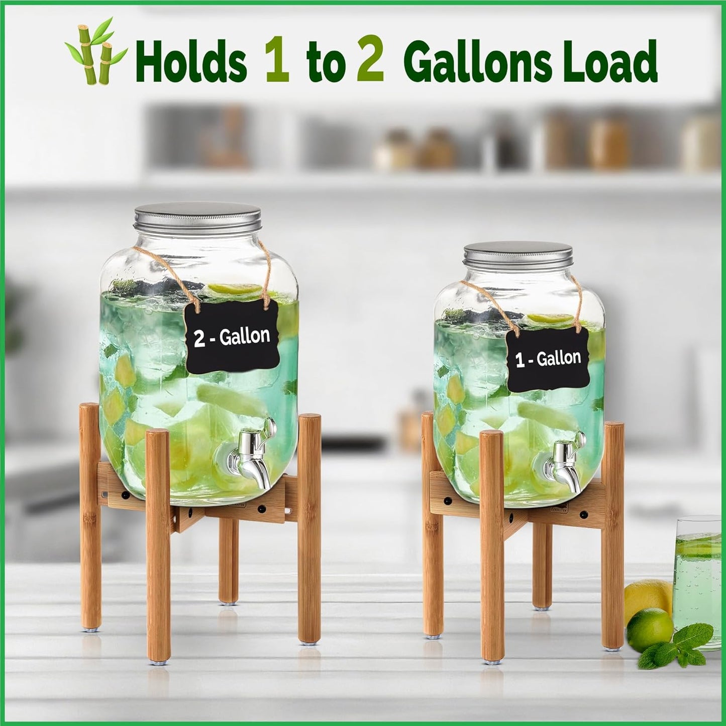 Drink Dispenser Stand - Use to Hold Dispensers for Drinks, Beverages, Lemonades and Juices - Adjustable Sideways, Fits Various Jug Sizes Up to 11.5-inch Wide [1-2 Gallons] - Bamboo Wood