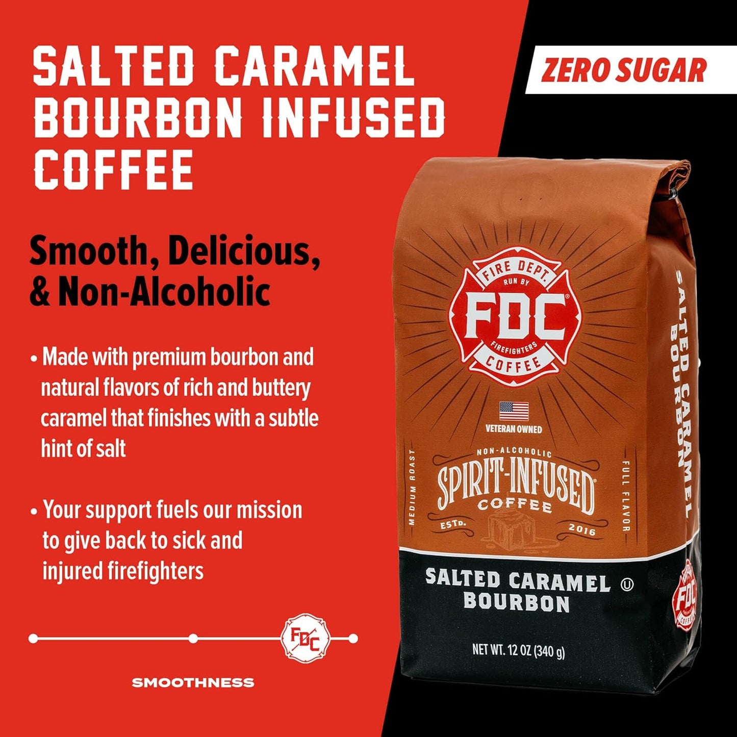 Fire Department Coffee - Salted Caramel Bourbon Coffee - Gives Back to Firefighters - Premium Bourbon Infused - Ground Medium Roast - Non-Alcoholic - Roasted in the USA - Veteran Owned - 12 oz