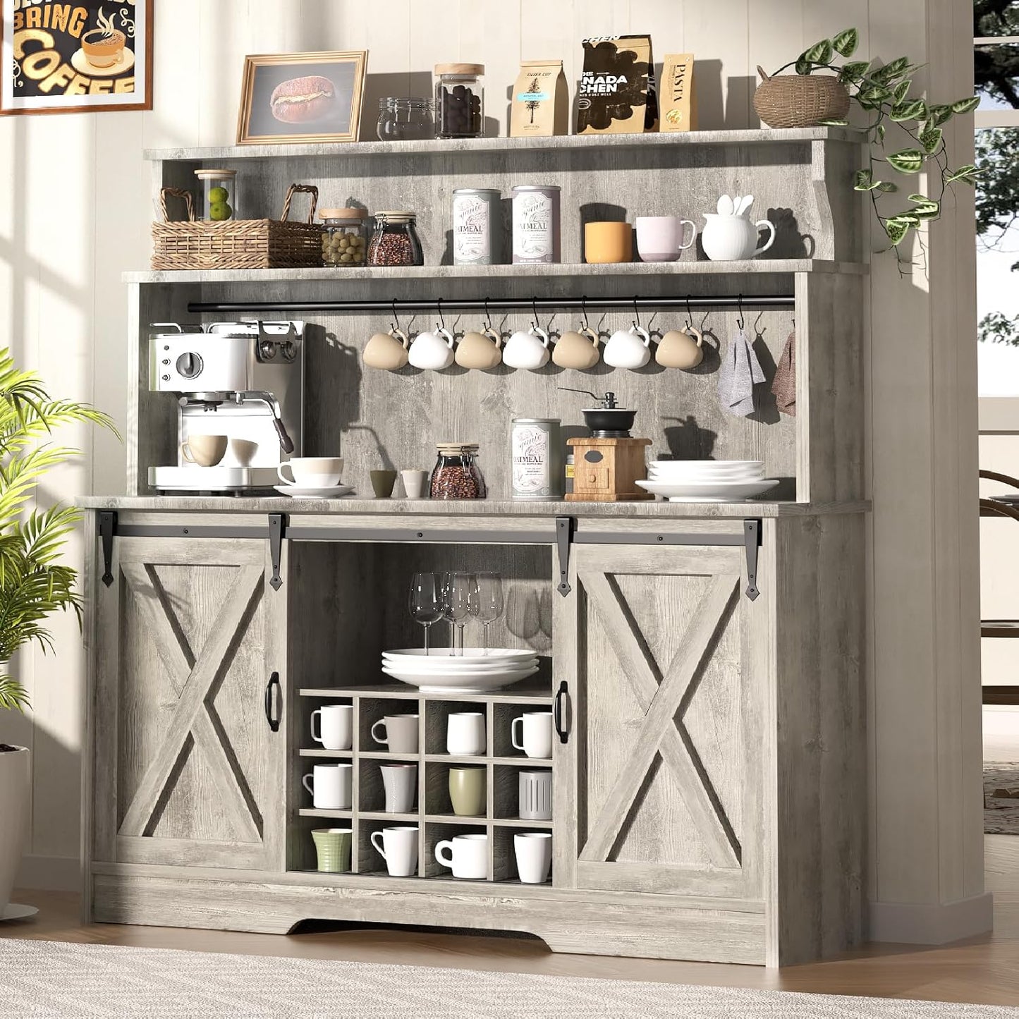 55'' Farmhouse Coffee Bar Cabinet with 3 Tier Storage Hutch, Coffee Bar Station with Sliding Barn Door, Hutch Storage Cabinet with 12 Wine Racks & 9 Hooks for Kitchen Dining Living Room