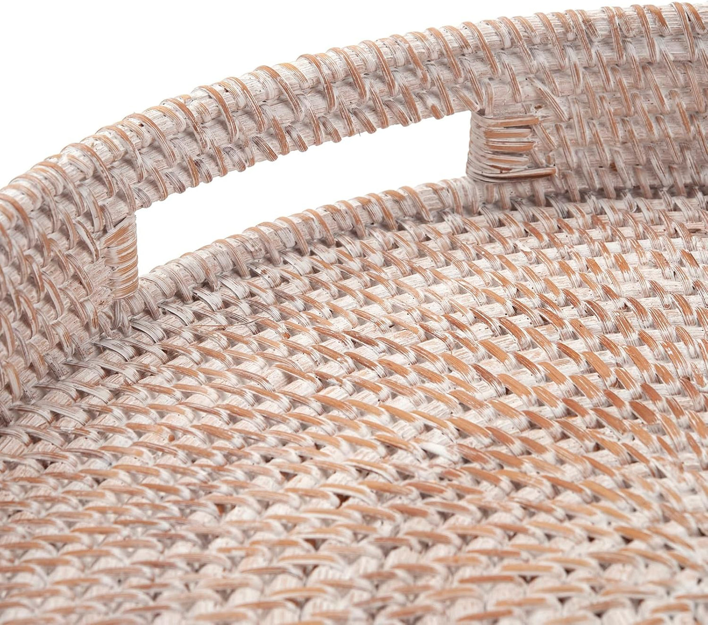 Coffee Table Tray Round Rattan Ottoman Tray Woven Serving Trays with Handles for Home and Kitchen Decorative Whitewash (Large 16.9 inch)