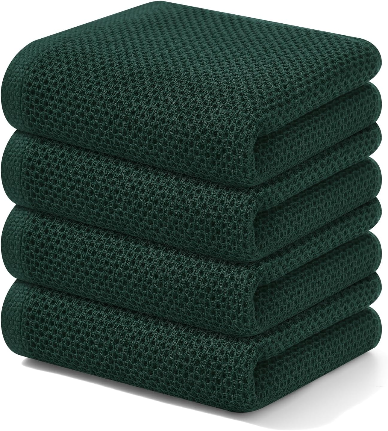 Kitinjoy 100% Cotton Waffle Weave Kitchen Towels, 4-Pack Super Soft and Absorbent Dish Towels for Drying Dishes, Kitchen Hand Towels, 13 in x 28 in, Blackish Green