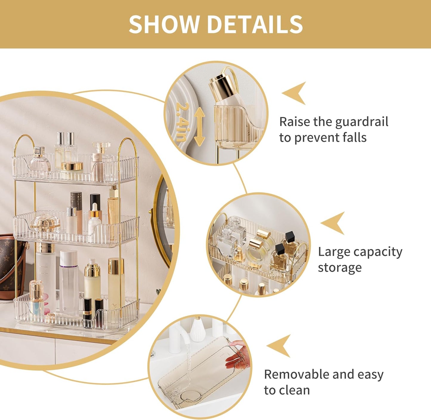 YCIA&DONE Bathroom Organizer Countertop, Makeup Storage, Skincare Cosmetic Tray Shelf, Perfume Holder Rack for Vanity Counter, Large Capacity, Easy to Install, Clean, 3 Tiers, Clear White