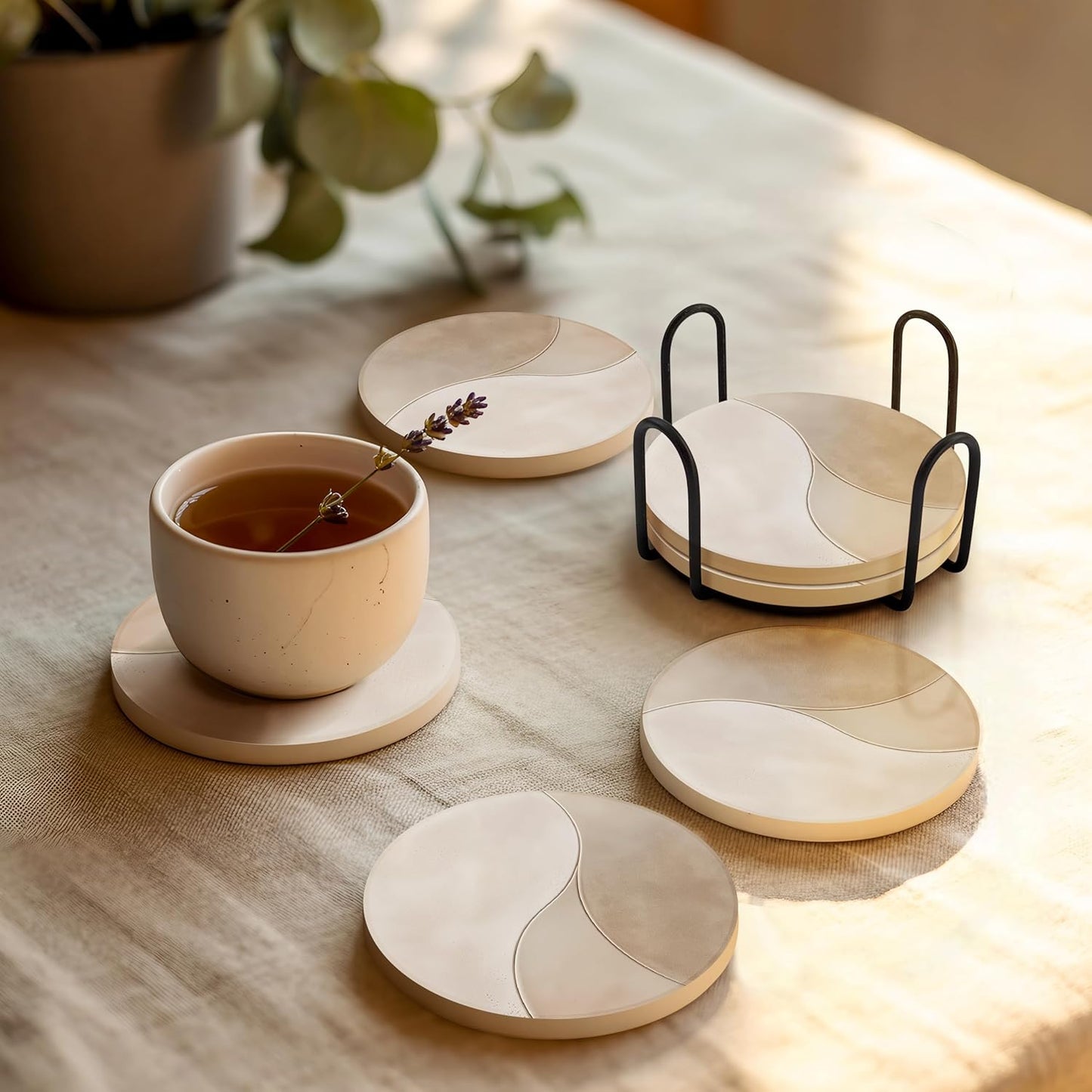 VEYRO Coasters Set of 6 for Drinks – Absorbent Ceramic Stone Drink Coasters with Cork Backing for Coffee Table & Desk, Modern Marble Look Cup Coaster Set, Housewarming Gift for New Home