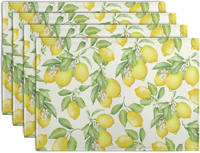 Lemon Placemats Set of 4 Summer Yellow Fruit Green Leaf Floral Linen Table Mat Rustic Farmhouse Spring Heat Resistant Non Slip Washable Place Mats for Dining Kitchen Party Decor