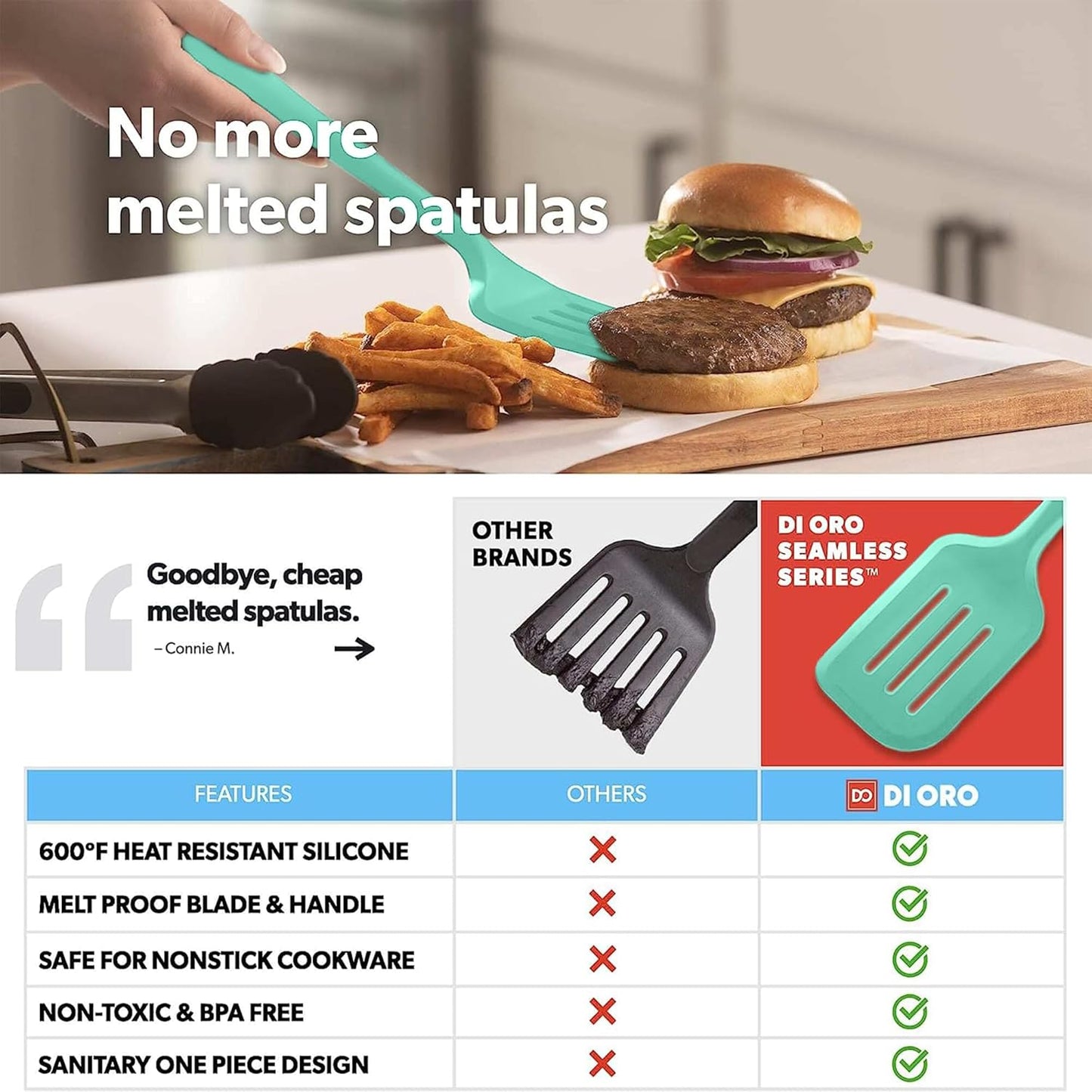 New DI ORO Silicone Turner Spatula Set - Kitchen Spatulas for Nonstick Cookware - Cooking Utensils for Flipping Eggs & Pancakes - 600°F Heat-Resistant BPA Free Turners - Dishwasher Safe (4pc, Mint)