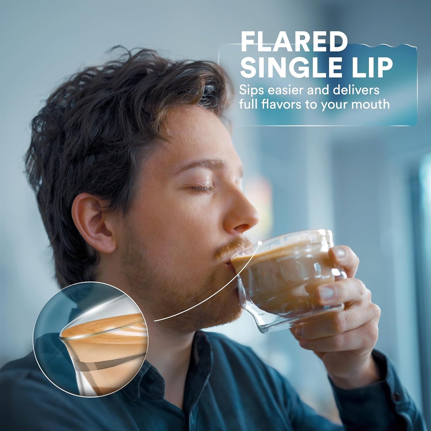 ovalware 8.5oz Double Wall Latte Cups, Latte Set of 2 - Double Wall Glasses for Cold & Hot Drink, Palm-Sized Cups with Wide Rim for Latte Art - Clear Design