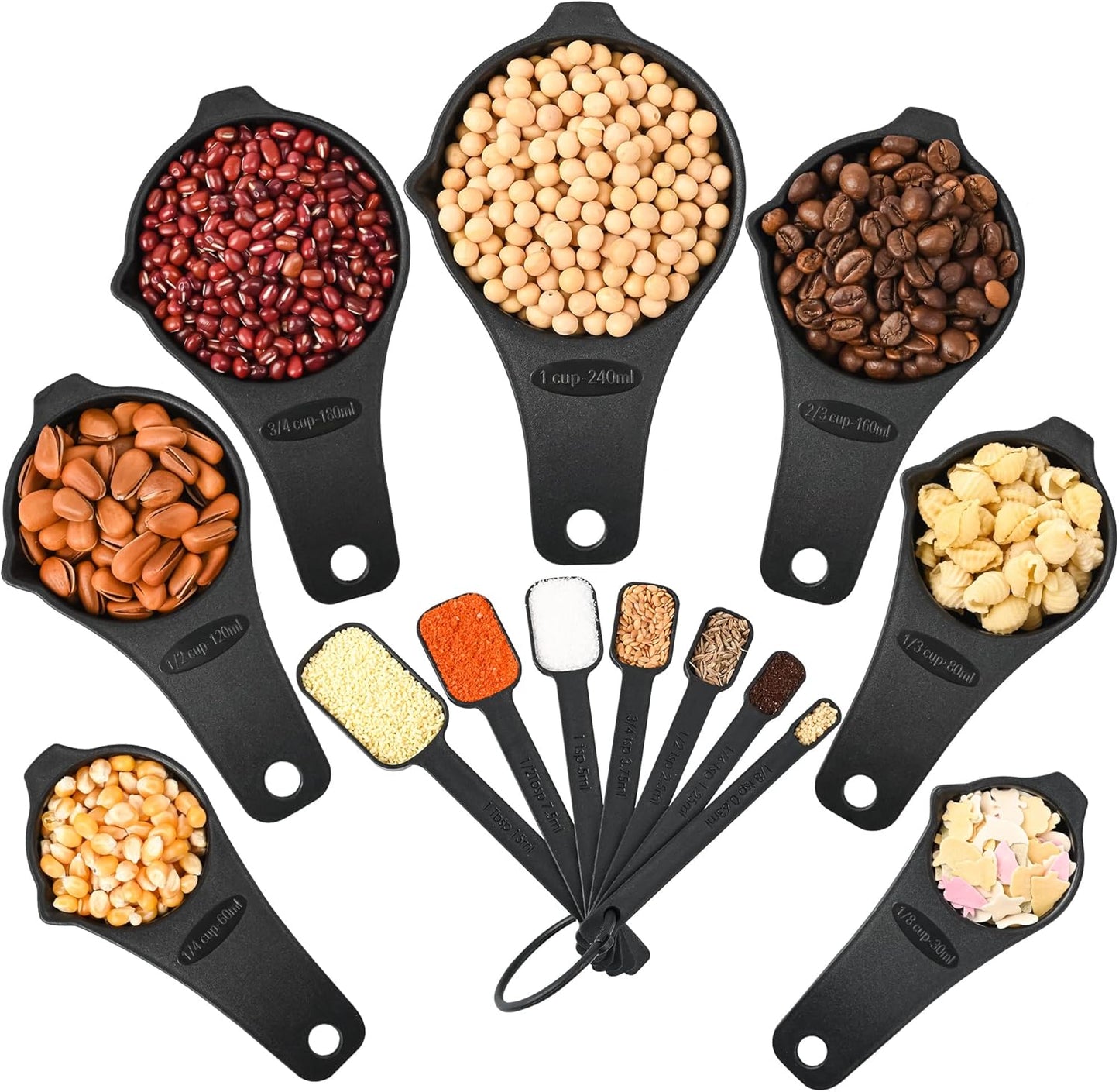 Measuring Cups and Spoons Set 15, 7 Plastic Measuring Cup Spoon Set, 7 Spice Long Handle Measuring Spoons with 1 Leveler for Kitchen and Baking, Dry Metric Measure Cups & Spoons Black