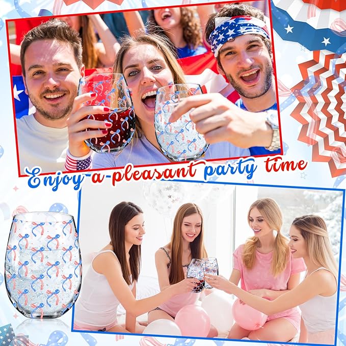 Sliner 2 Pack Patriotic Stemless Wine Glasses 17oz Red Blue Bow Drinking Glasses Independence Day Tumbler Cups for 4th of July Party Supplies Memorial Day Gift Decorations