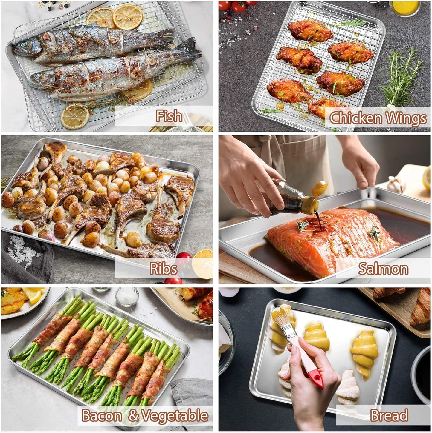 P&P CHEF 16 + 12.5 + 10.4 + 9 Inch Baking Sheet and Rack Set, Stainless Steel Cookie Sheets Oven Baking Pans Trays with Cooling Racks for Cooking & Roasting, Oven & Dishwasher Safe, (8Pcs)