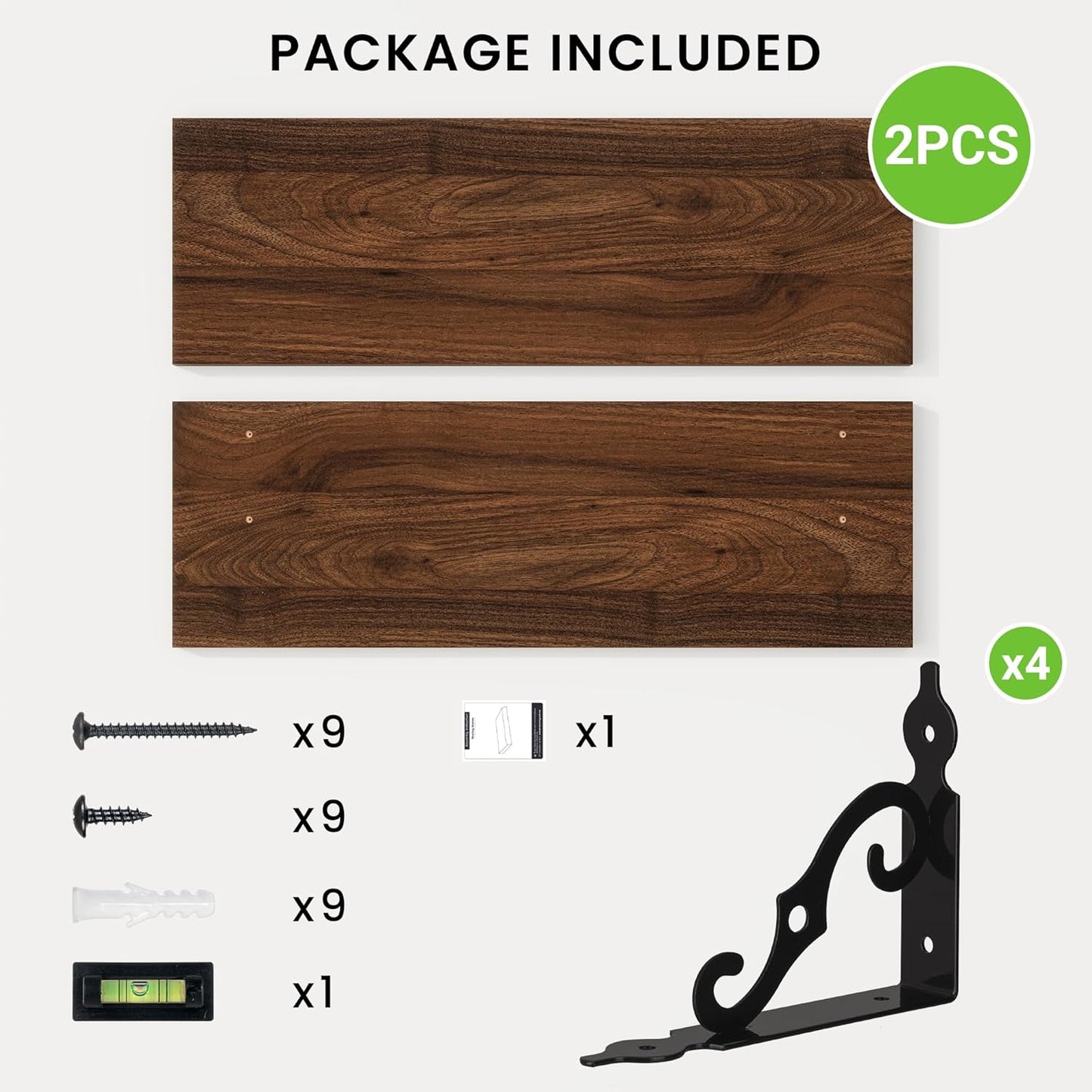 RICHFOCUS Floating Shelves for Wall Decor, 24Inch Wall Shelves Set of 2, 24W x 8D Floating Shelves Wall Mounted with Metal Brackets, Rustic Wood Shelves for Living Room Bedroom Kitchen, Walnut