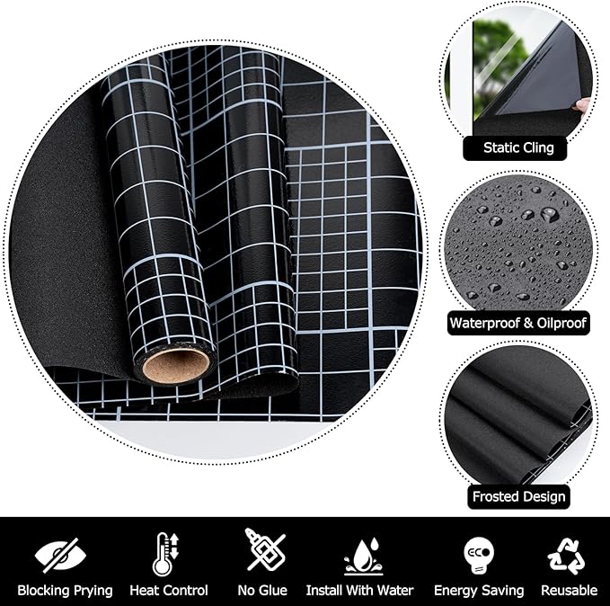 HIDBEA Blackout Window Film,100% Light Blocking Room Darkening Window Privacy Film,Frosted Glass Window Film Heat Control, Removable Window Cover Tint for Day Sleep (Black,17.7in x 6.5ft)