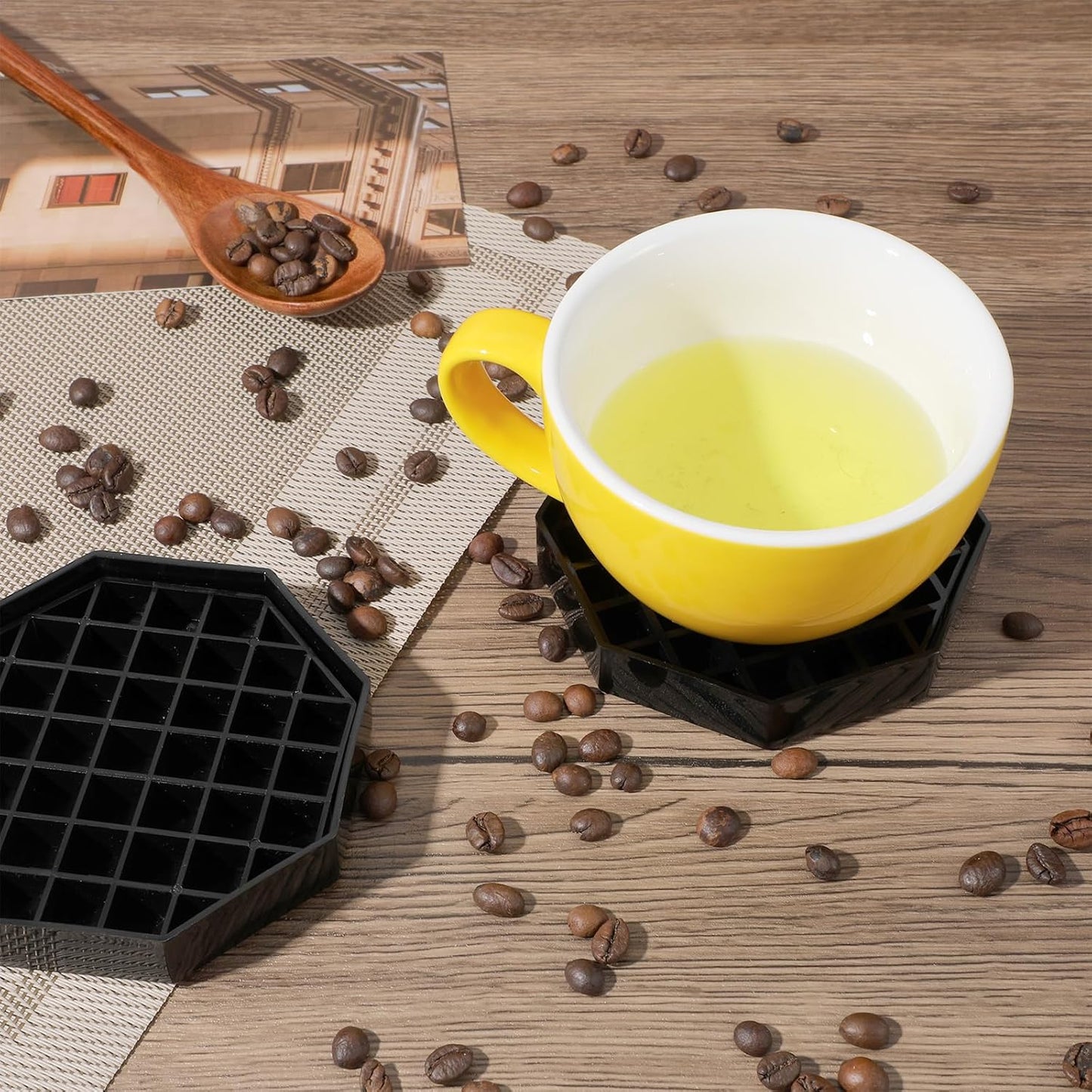 8 Pcs Coffee Drip Tray Black Plastic Octagon Coffee Countertop Drip Coaster with Honeycomb Grid for Drink Tea Wine Beverage Dispenser (4 Inch)