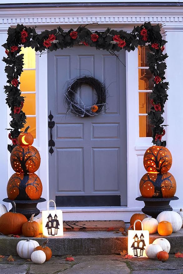 Artificial Black Garland Hanging Vine Artificial Floral Vines Fall Garland Hanging Flower Fake Rose Vines for Black and Burgundy Wedding Decor Halloween Indoor Outdoor Party Wall (Red Rose)